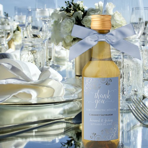 Lacy Silver on Light Blue Wedding Thank You Mini Wine Label