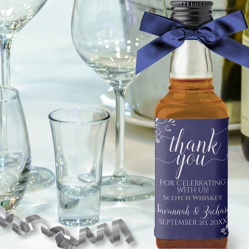 Lacy Silver on Navy Blue Wedding Thank You Mini Liquor Bottle Label