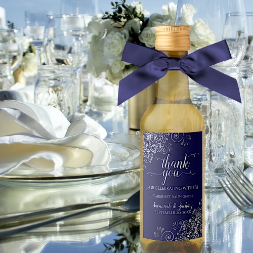 Lacy Silver on Navy Blue Wedding Thank You Mini Wine Label