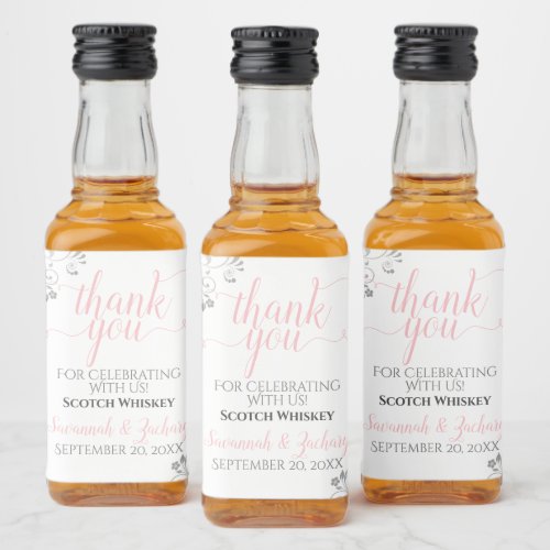 Lacy Silver  Pink on White Wedding Thank You Mini Liquor Bottle Label