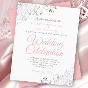 Lacy Silver Pink & White BUDGET Wedding Invitation