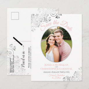 Lacy Silver Pink White Wedding Save the Date Photo Announcement Postcard