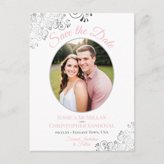 Lacy Silver Pink White Wedding Save the Date Photo Announcement Postcard (Front)