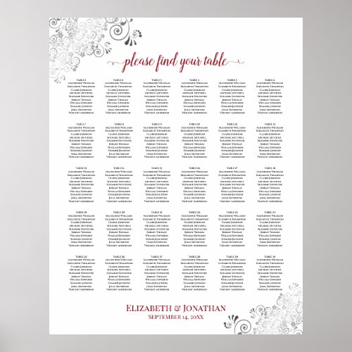 Lacy Silver  Red 30 Table Wedding Seating Chart