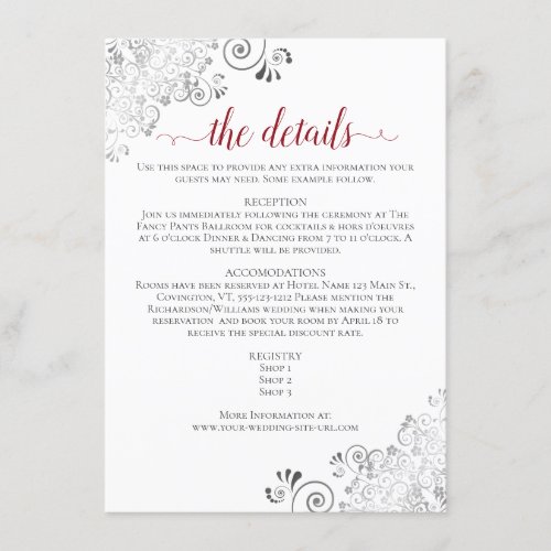 Lacy Silver Red Calligraphy White Wedding Details Enclosure Card