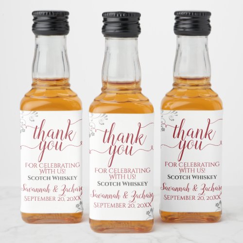 Lacy Silver  Red on White Wedding Thank You Mini Liquor Bottle Label
