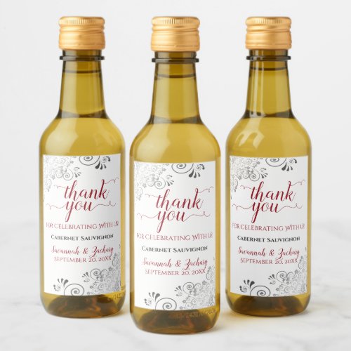 Lacy Silver  Red on White Wedding Thank You Mini Wine Label