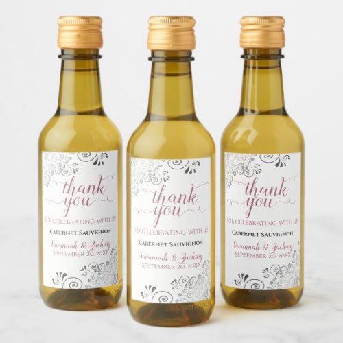 Lacy Silver  Rose on White Wedding Thank You Mini Wine Label