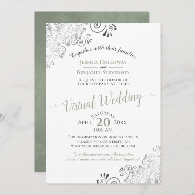 Lacy Silver Sage Green & White Virtual Wedding Invitation (Front/Back)