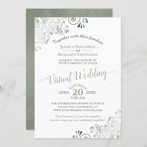 Lacy Silver Sage Green  White Virtual Wedding Invitation