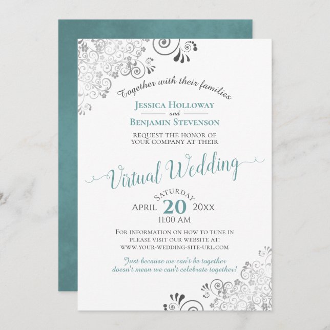 Lacy Silver Teal, Gray & White Virtual Wedding Invitation (Front/Back)