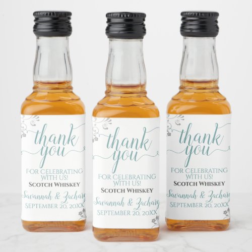 Lacy Silver  Teal on White Wedding Thank You Mini Liquor Bottle Label