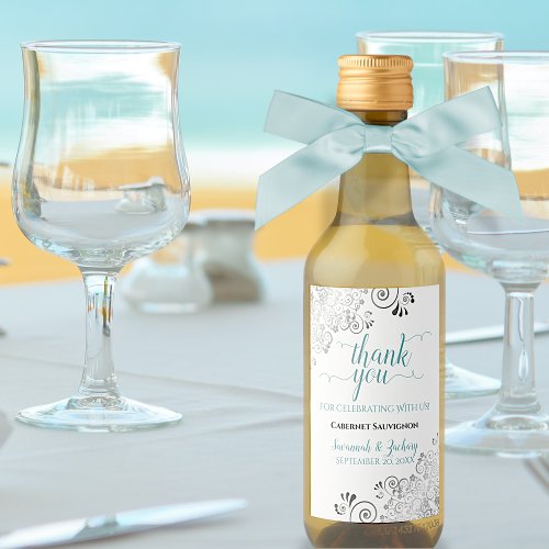 Lacy Silver  Teal on White Wedding Thank You Mini Wine Label