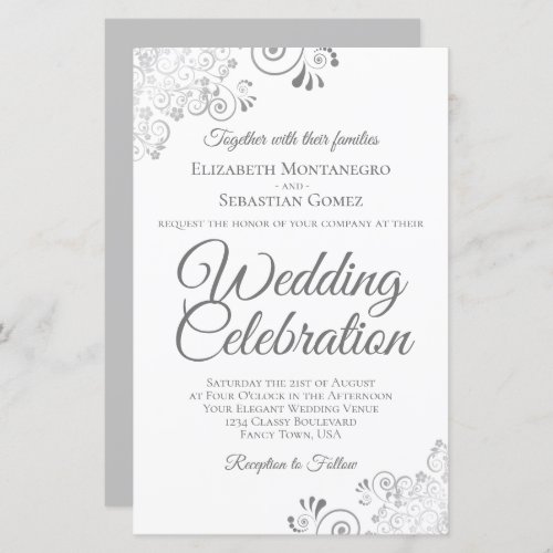 Lacy Silver  White BUDGET Wedding Invite Large