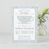 Lacy Teacup Baby Shower Blue Tea Party Invitation (Standing Front)