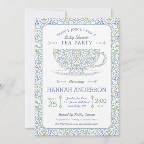 Lacy Teacup Baby Shower Blue Tea Party Invitation