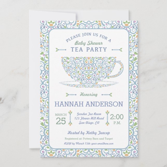 Lacy Teacup Baby Shower Blue Tea Party Invitation (Front)