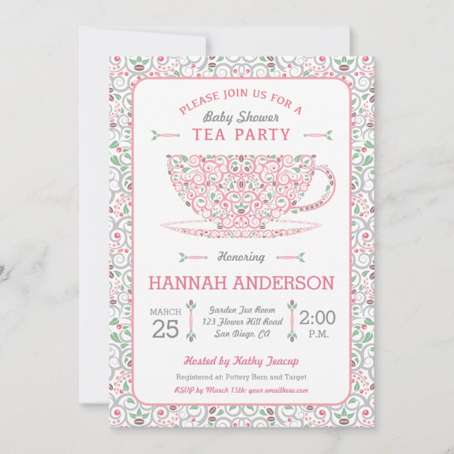 Lacy Teacup Baby Shower Pink Tea Party Invitation (Front)