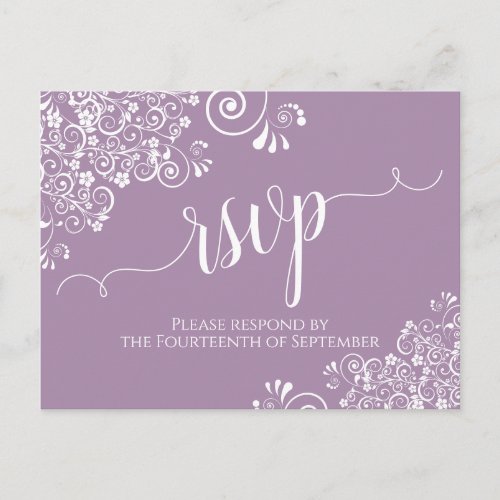 Lacy White Calligraphy Dusty Purple Wedding RSVP Postcard