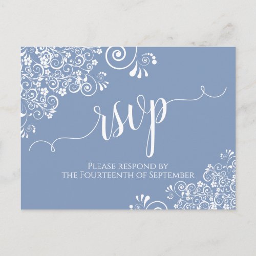 Lacy White Calligraphy on Dusty Blue Wedding RSVP Postcard