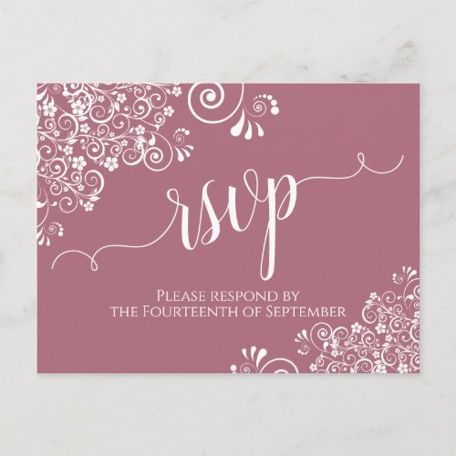 Lacy White Calligraphy on Dusty Rose Wedding RSVP Postcard