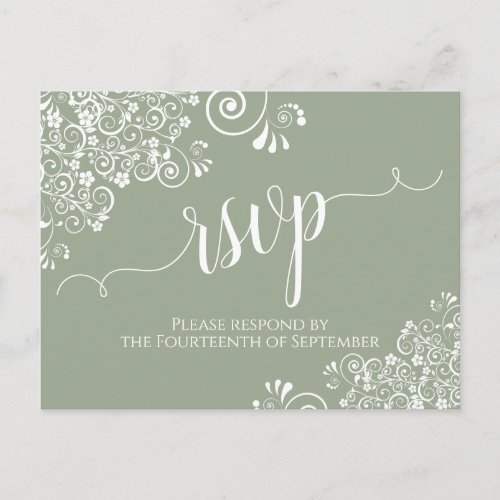 Lacy White Calligraphy on Sage Green Wedding RSVP Postcard