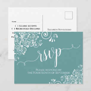 Lacy White Calligraphy on Teal Wedding RSVP Postcard