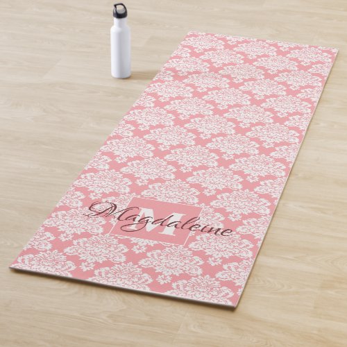 Lacy White Damask on Coral Monogrammed Yoga Mat