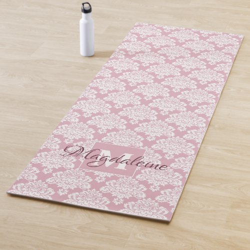Lacy White Damask on Dusty Rose Monogrammed Yoga Mat