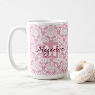 Lacy White Damask on Dusty Rose Name & Monogram Coffee Mug