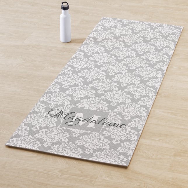 Lacy White Damask on Gray Monogram & Name Yoga Mat (In Situ)