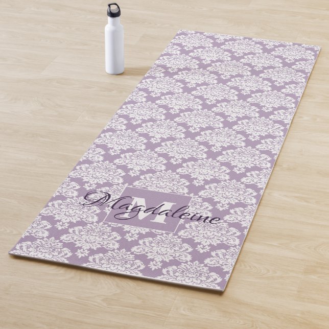 Lacy White Damask on Lavender Monogrammed Yoga Mat (In Situ)