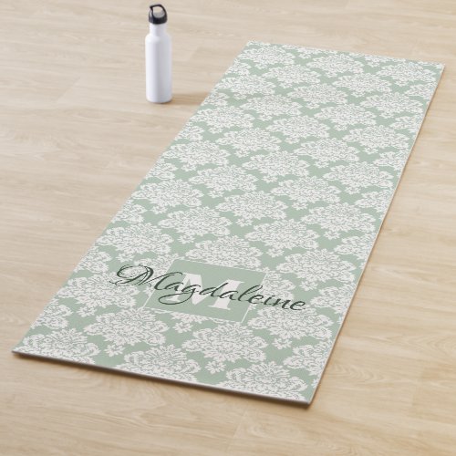 Lacy White Damask on Sage Green Monogram  Name Yoga Mat