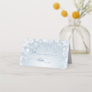 Lacy White Snowflakes on Silver Blue Place Card