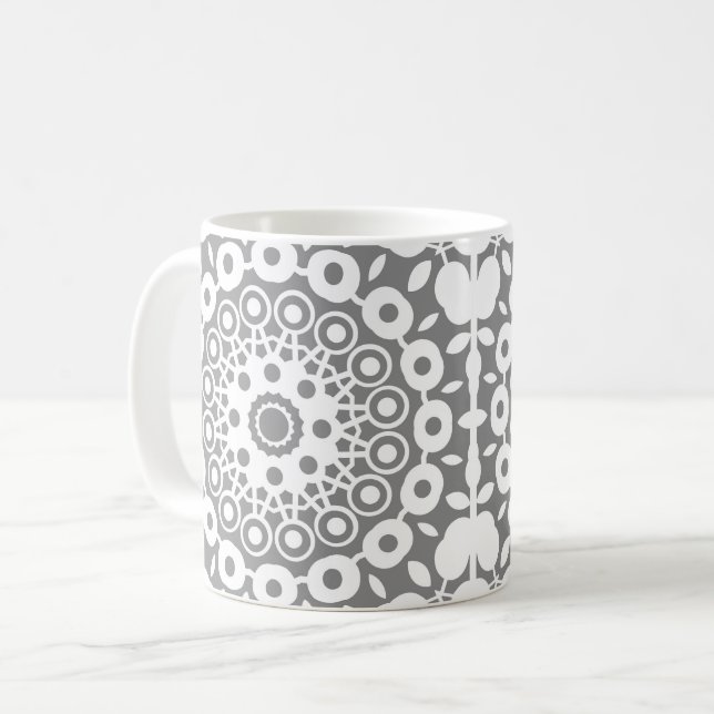 Lacy white squares on a light gray background coffee mug (Front Left)