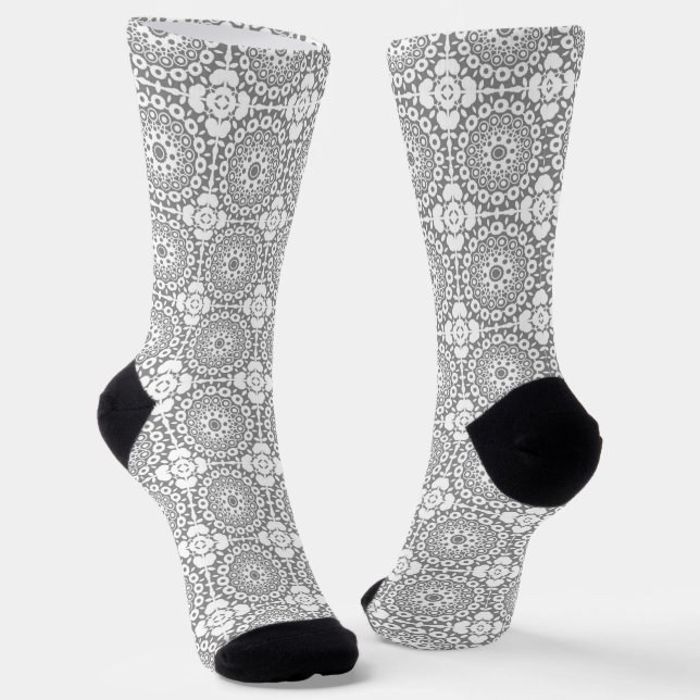 Lacy white squares on a light gray background socks (Angled)
