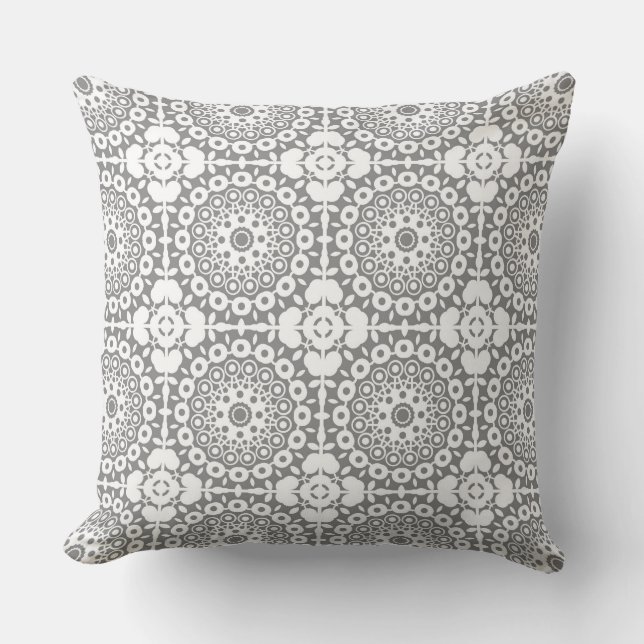 Lacy white squares on a light gray background throw pillow (Front)