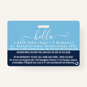 LADA type 1.5 diabetes awareness medical id Badge