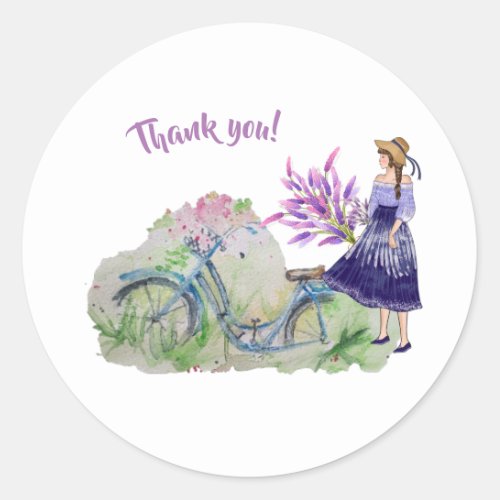 Ladies bicycle in spring field classic round sticker