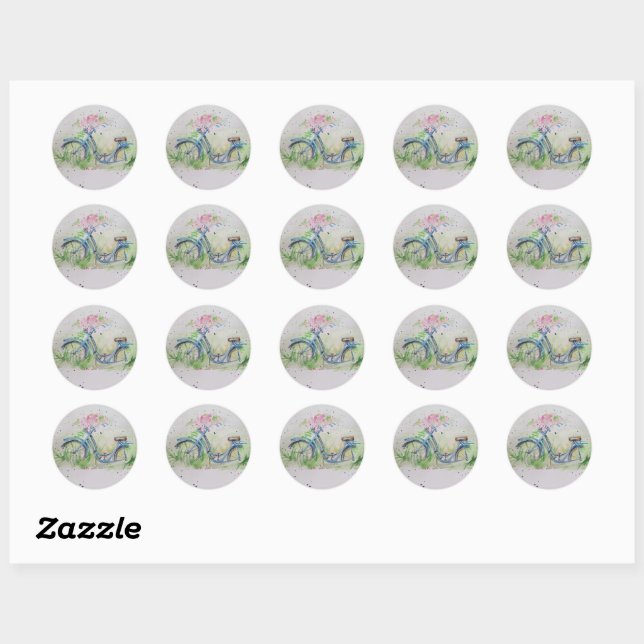 Ladies bicycle in spring field  classic round sticker (Sheet)