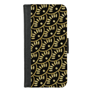 Ladies Black and Gold Bling Seigaiha Scallops iPhone 8/7 Wallet Case