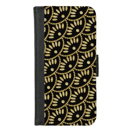 Ladies Black And Gold Bling Seigaiha Scallops Iphone 8/7 Wallet Case