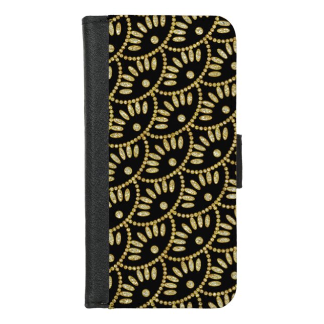 Ladies Black and Gold Bling Seigaiha Scallops iPhone Wallet Case (Front)