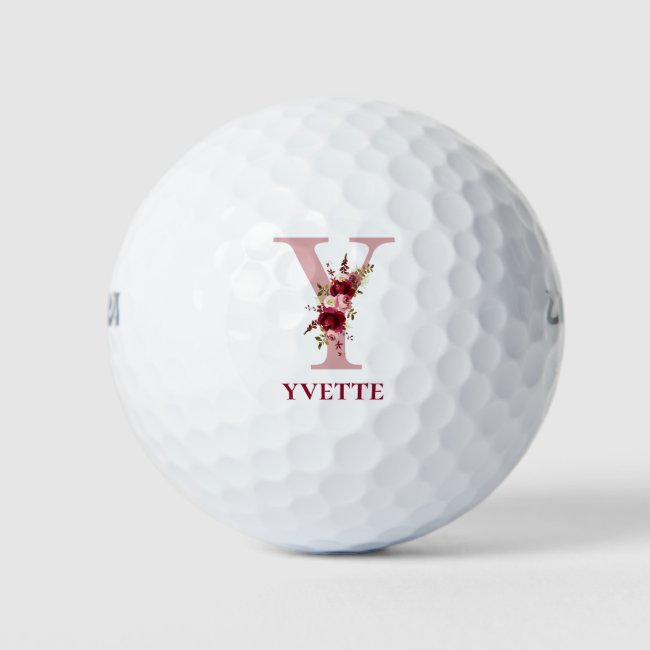Ladies Blush Pink Floral Initial Y and Name Golf Balls