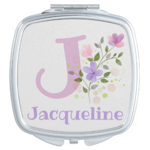 Ladies Compact has Name Jacqueline with Flowers Mirror