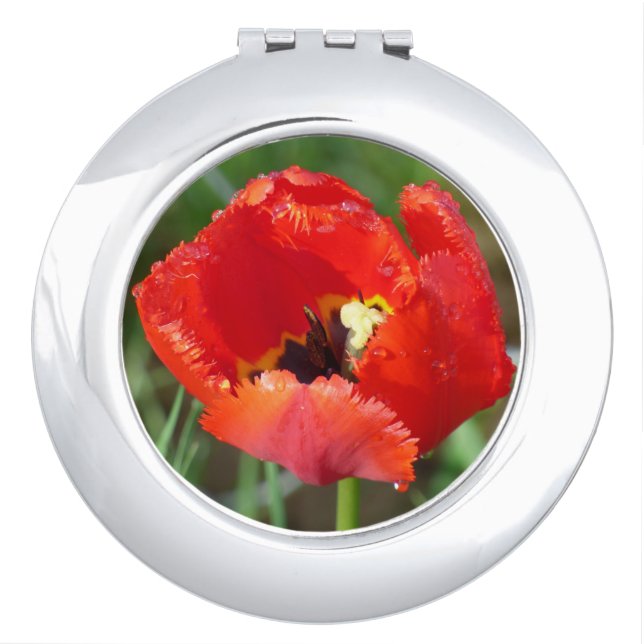 Ladies Compact Mirror with Single Red Flower (Front)