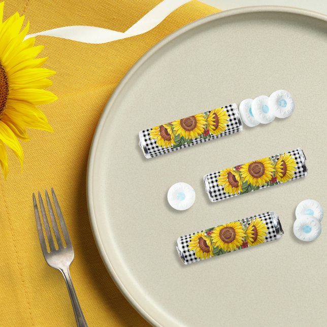 Ladies Events Gingham Sunflowers Favors Mints (Sunflowers and Gingham Country Style Breath Mints Favors for Bridal Shower or Birthday Party)