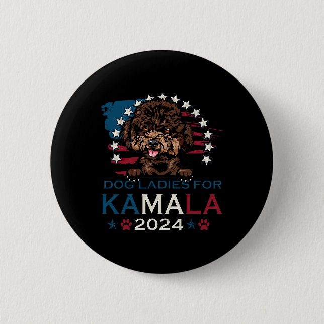 Ladies For Kamala Harris 2024 Poodle Dog America  Button (Front)