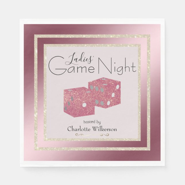 Ladies' Game Night Gold and Pink Glitter Dice Napkins (Front)