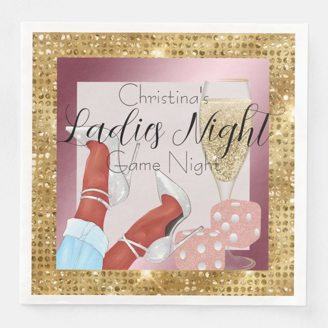 Ladies Game Night Pink Dice & Gold Diamonds Paper Dinner Napkins (Front)